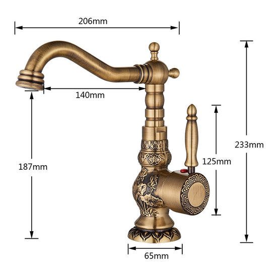 Antique Brass Bathroom Basin Carved Faucet Long Nose Spout Wash Sink Tap 360 Rotation Single Handle