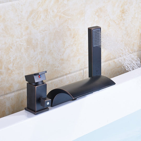 Deck Mounted 3Pc Waterfall Bathroom Tub Mixer Faucet Single Lever With Handshower Bathtub Hot And