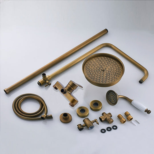 Wall Mounted Antique Brass Shower Set 8 Inch Round Rainfall Head Wide Tub Spout Hand Sprayer Mixer