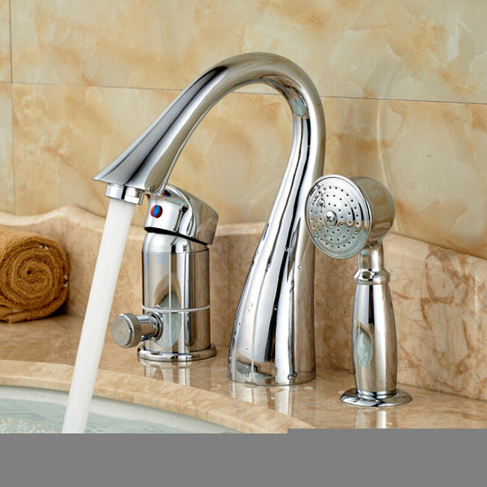 Deck Mounted Widespread 3Pc Bathroom Bath Tub Mixer Faucet Brass Handshower Goose Neck Spout Taps