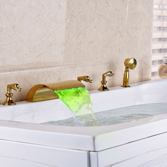 Deck Mounted Waterfall 5Pcs Bath Tub Faucet Mixers Widespread With Led Light Bathtub Handshower