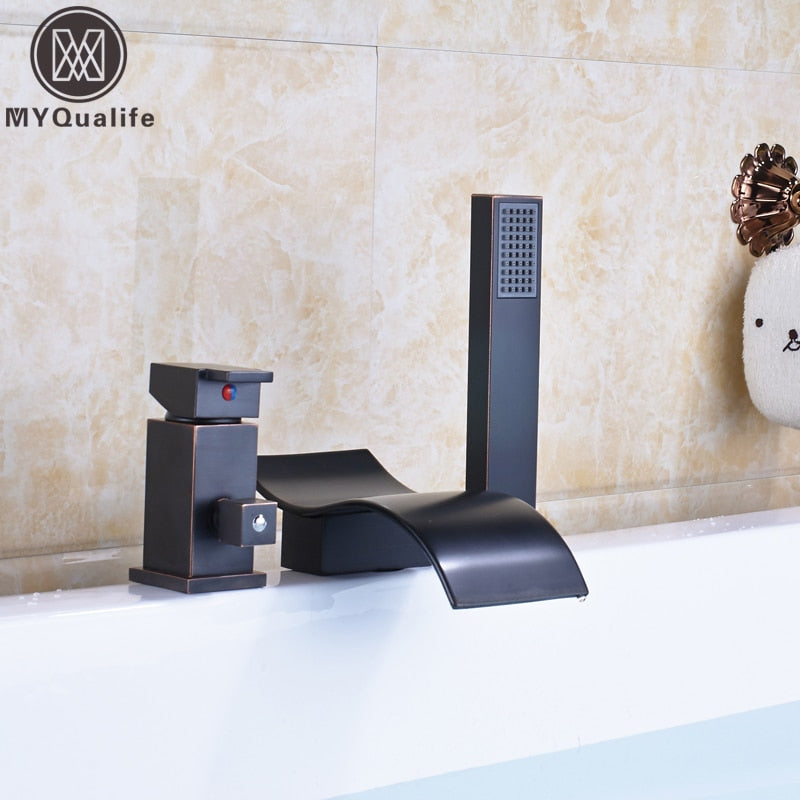 Deck Mounted 3Pc Waterfall Bathroom Tub Mixer Faucet Single Lever With Handshower Bathtub Hot And