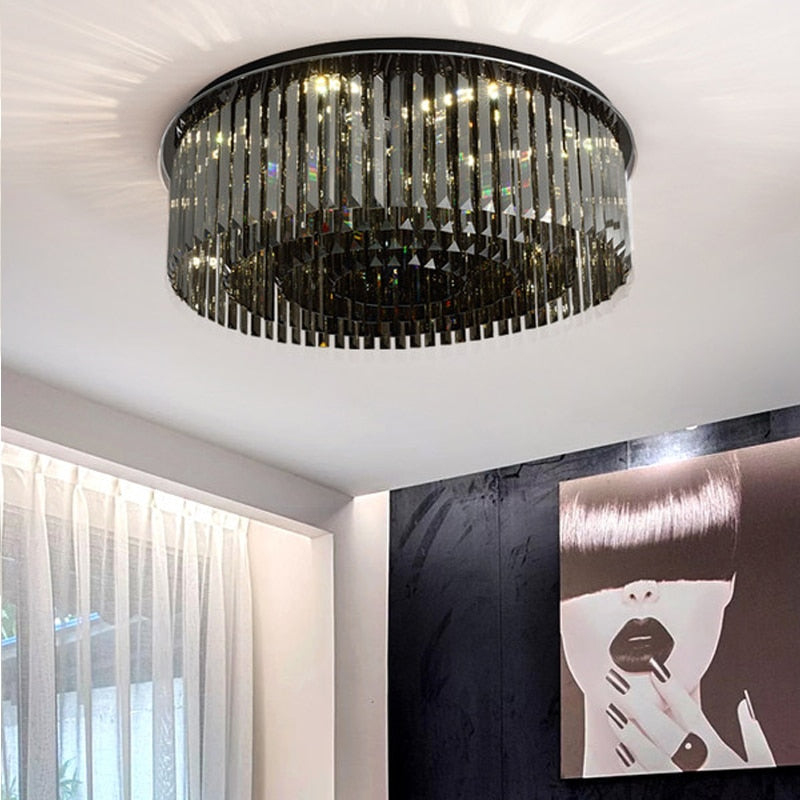 Modern Crystal Chandelier For Ceiling Luxury Round Smoky Gray Cristal Lamps Bedroom Living Room