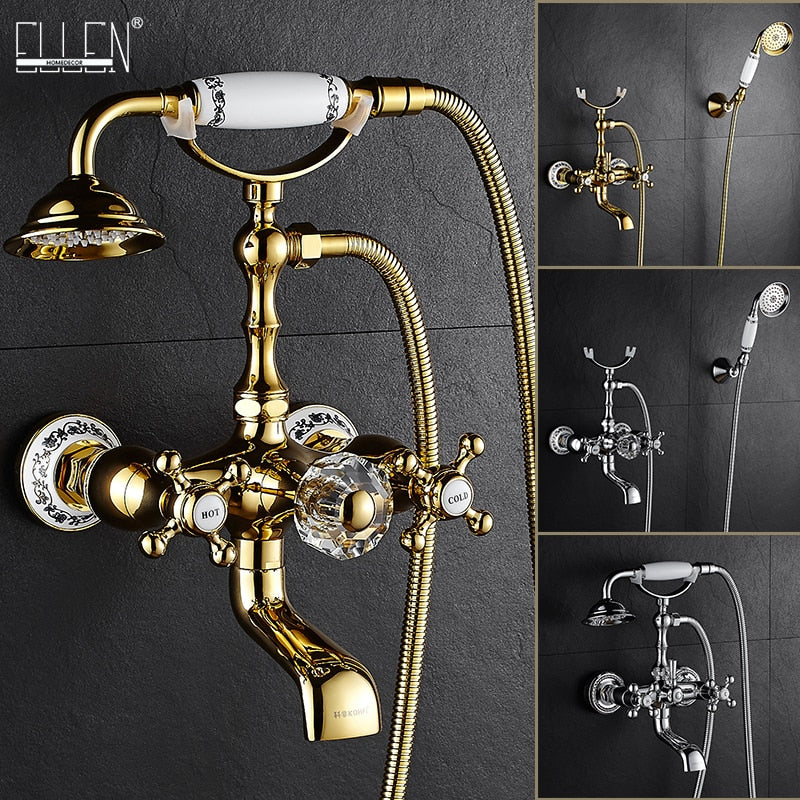 Luxury Crystal Handle Bathtub Gold Brass Faucet With Hand Shower Telephone Type Bath Faucets Sets