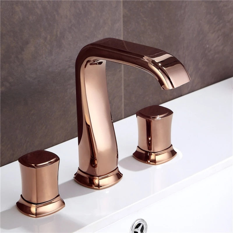 Rose Gold Bathroom Basin Faucets Brass Widespread Sink Mixer Tap Hot & Cold Lavatory Crane 3 Hole