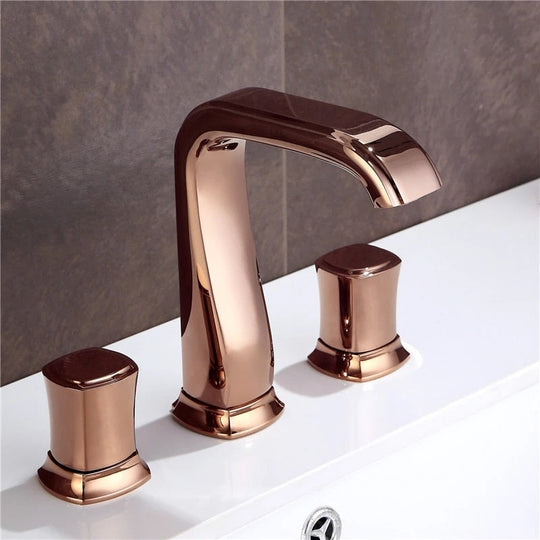 Rose Gold Bathroom Basin Faucets Brass Widespread Sink Mixer Tap Hot & Cold Lavatory Crane 3 Hole