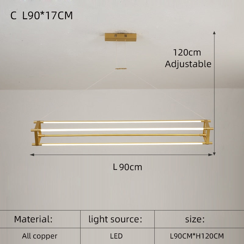 Modern Simple Copper Led Long Chandelier Restaurant Coffee Shop Front Desk Office Creative
