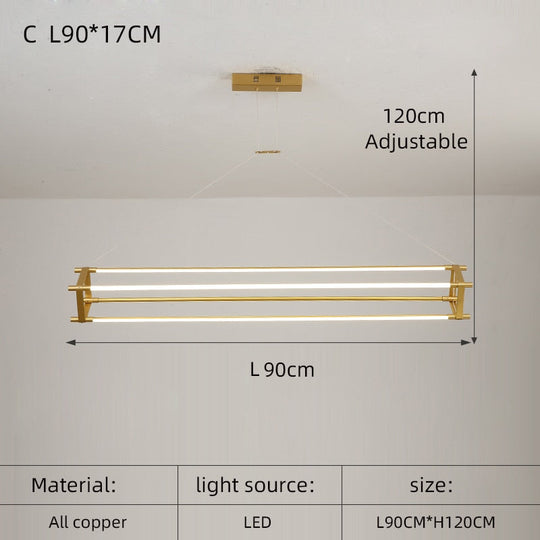 Modern Simple Copper Led Long Chandelier Restaurant Coffee Shop Front Desk Office Creative