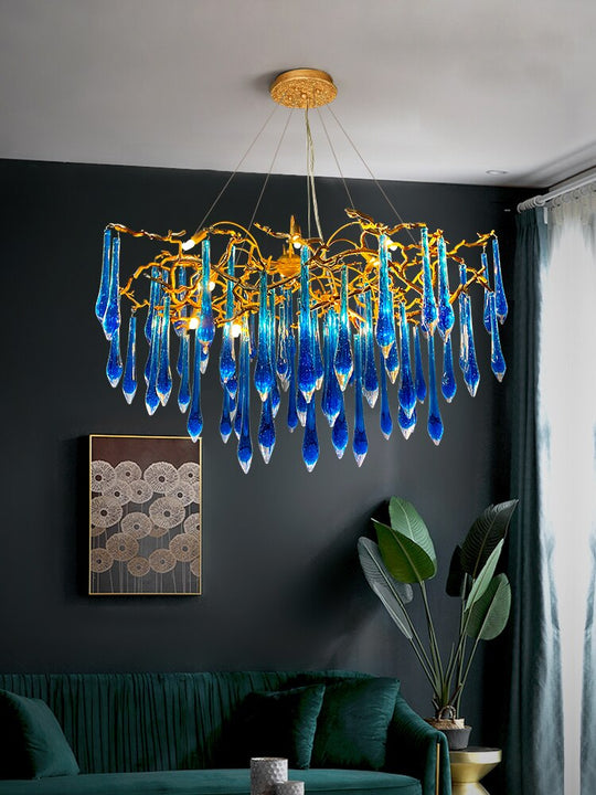 Artistic Blue Crystal Bedroom And Dining Room Light - All Copper Twigs Design Chandelier