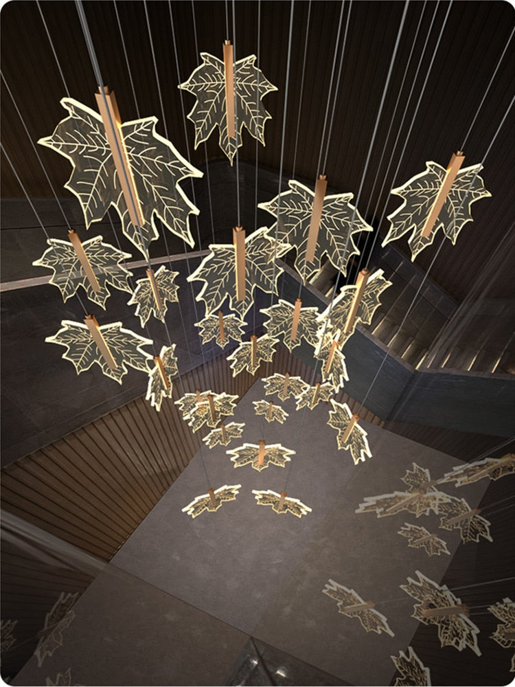 Modern Golden Maple Leaf Staircase Led Chandelier Lighting Nordic Duplex Building Living Room