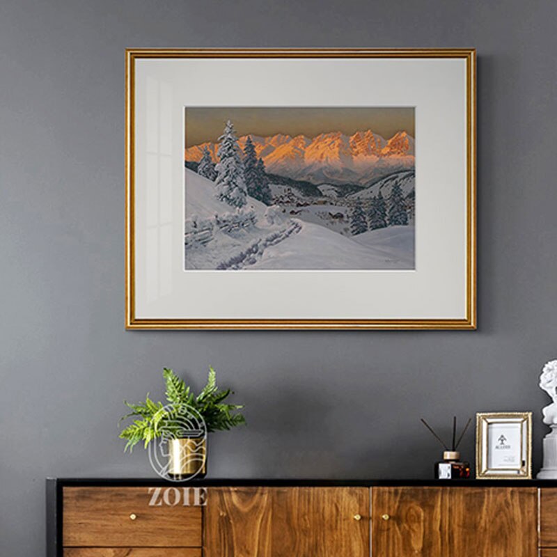 Nordic Snow Mountain Landscape Posters: Modern White Border Wall Art Painting