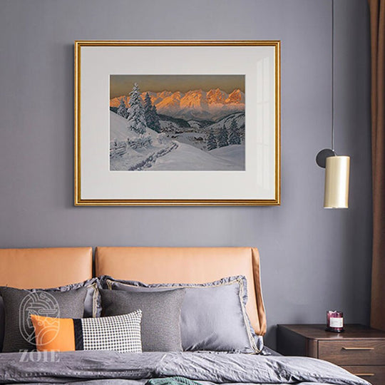 Nordic Snow Mountain Landscape Posters: Modern White Border Wall Art Painting