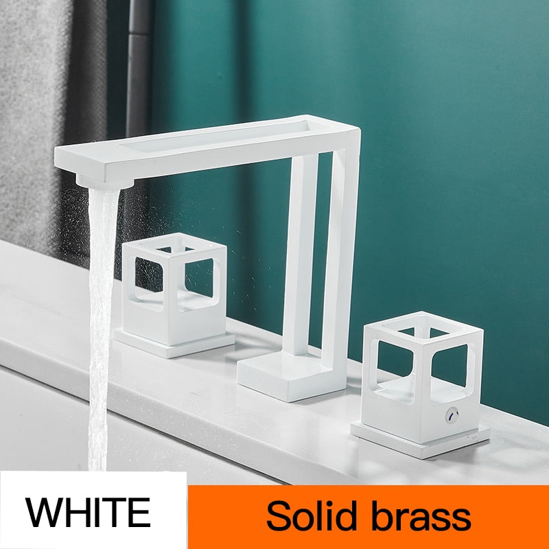 Art Design Bathroom Faucet Cold And Hot Deck Mounted Tap All Brass Dual Handles Basin High -