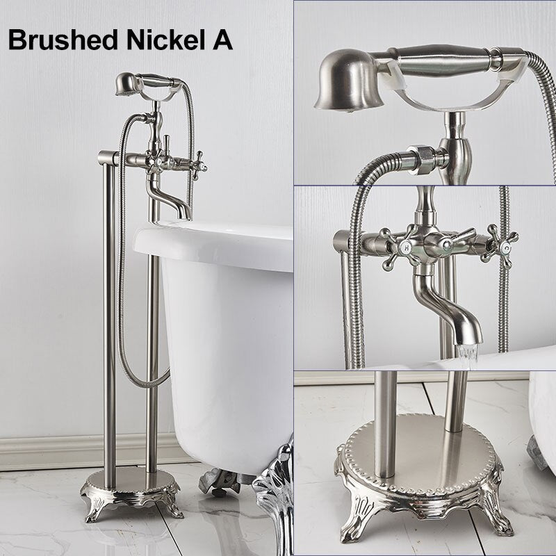 Gold Bathtub Shower Faucet Deck Mount Dual Tube Hot Cold Mixer Systems With Rainfall Handheld Floor