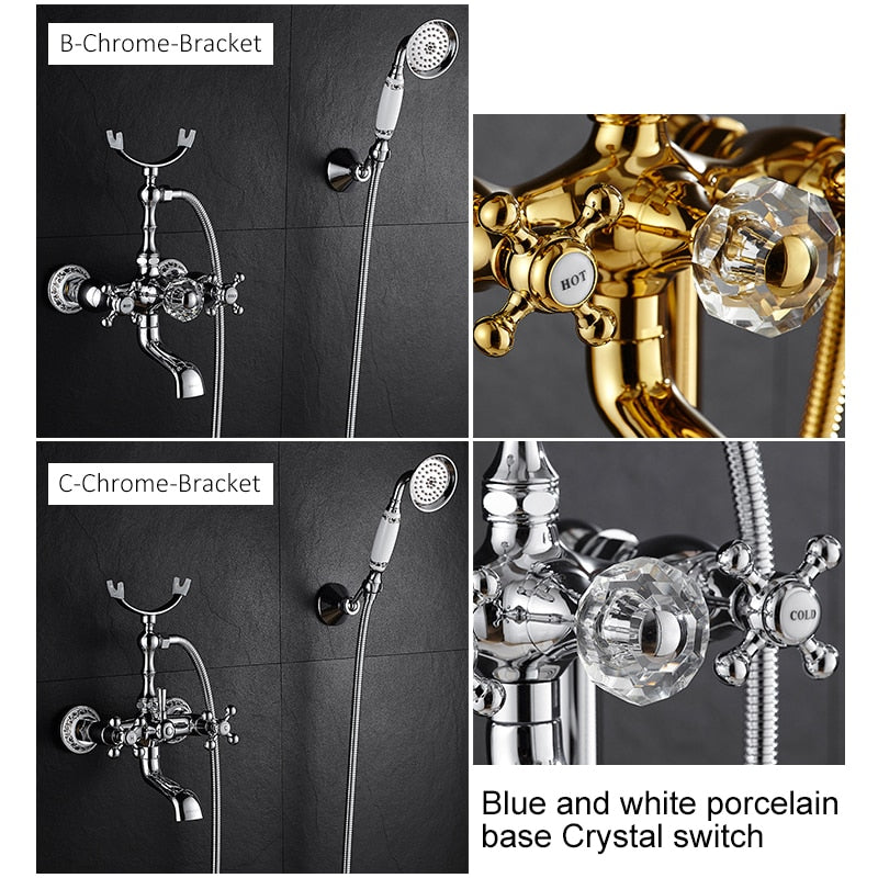 Luxury Crystal Handle Bathtub Gold Brass Faucet With Hand Shower Telephone Type Bath Faucets Sets