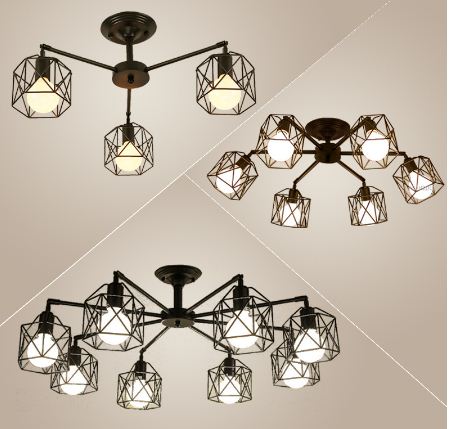 American Black Dendron Iron Cage Ceiling Lamp Kitchen Bedroom Living Room Modern Chandelier