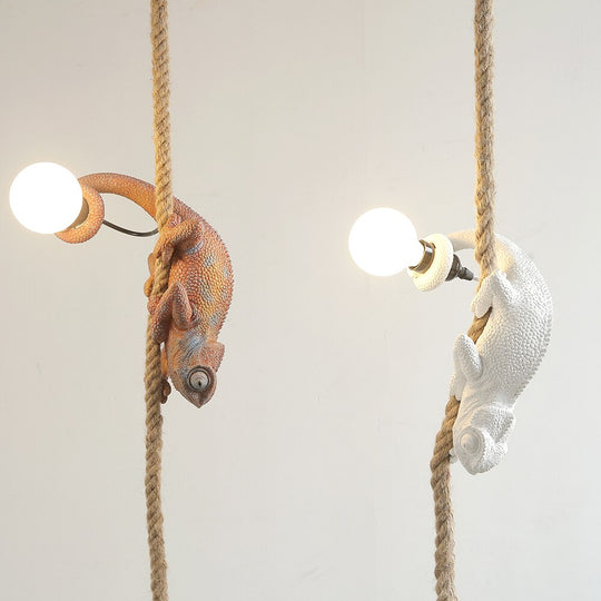 Artistic Resin Chameleon Pendant Light - White Hemp Rope Lamp For Living Room Study Unique Led