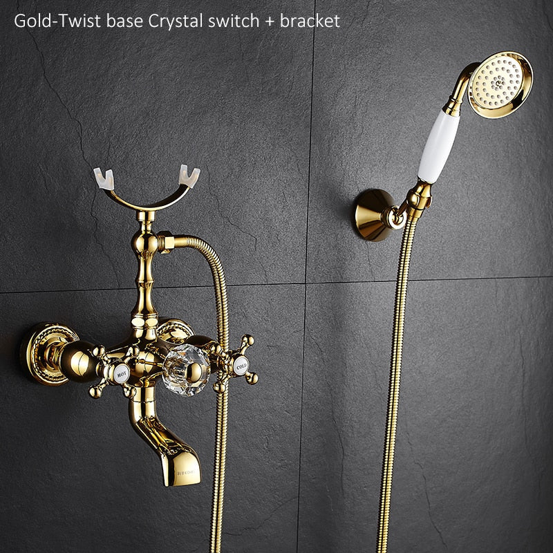 Luxury Crystal Handle Bathtub Gold Brass Faucet With Hand Shower Telephone Type Bath Faucets Sets