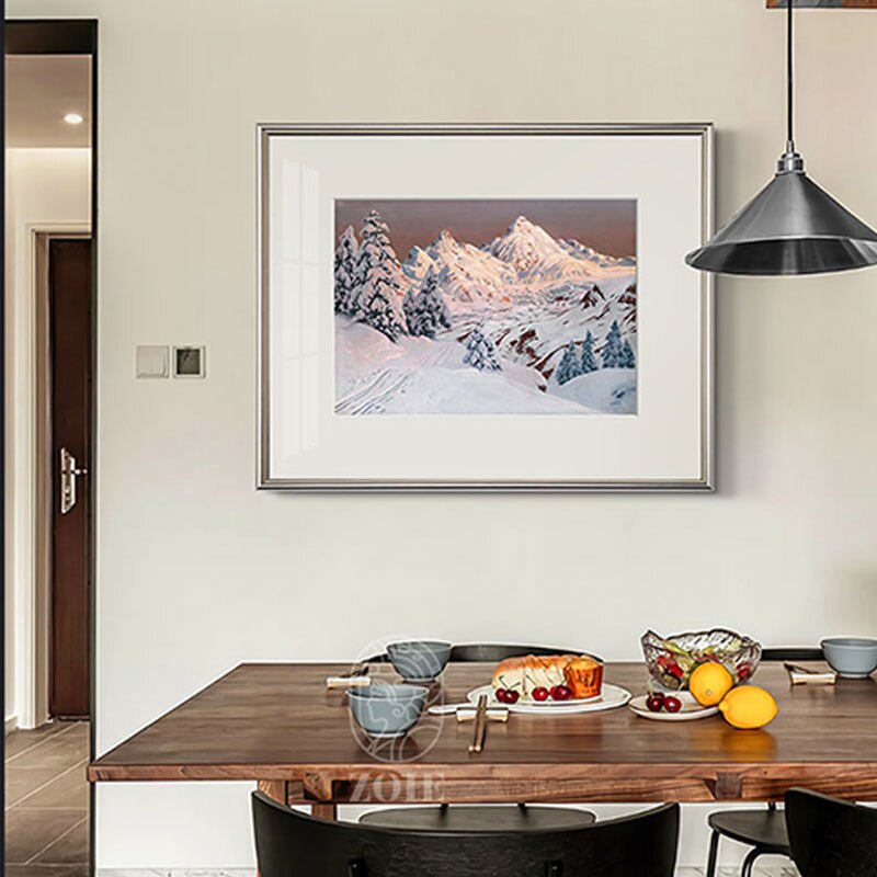 Nordic Snow Mountain Landscape Posters: Modern White Border Wall Art Painting