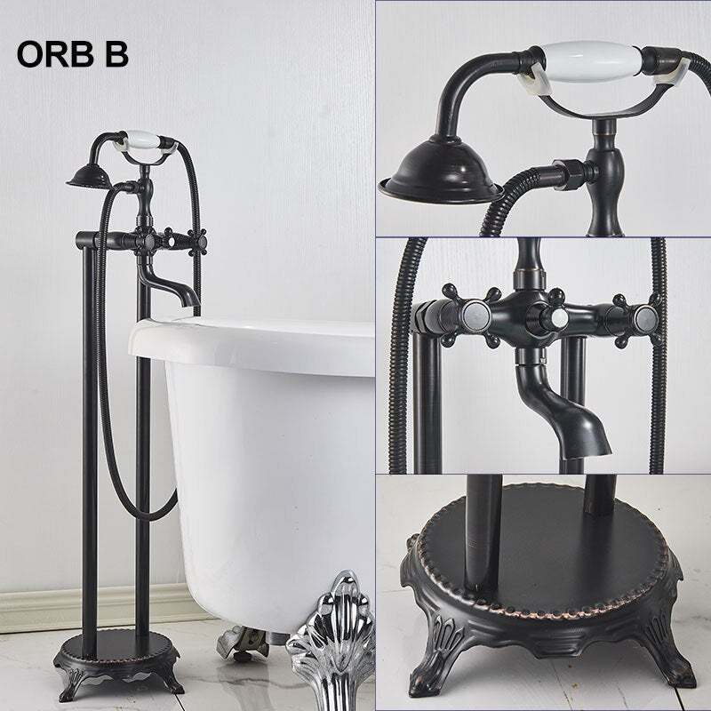 Gold Bathtub Shower Faucet Deck Mount Dual Tube Hot Cold Mixer Systems With Rainfall Handheld Floor