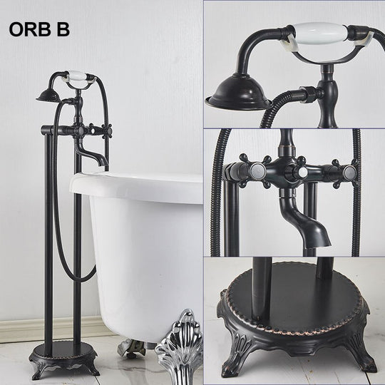 Gold Bathtub Shower Faucet Deck Mount Dual Tube Hot Cold Mixer Systems With Rainfall Handheld Floor
