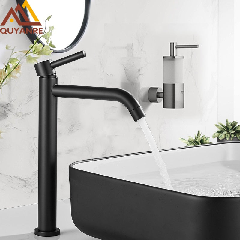 Black Chrome Tall Basin Sink Faucet Slim Bathroom Washbasin Water Mixer Tap Hot Cold Crane Faucets