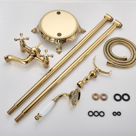 Gold Bathtub Shower Faucet Deck Mount Dual Tube Hot Cold Mixer Systems With Rainfall Handheld Floor