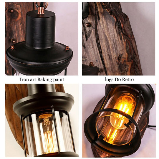 Industrial Light Design Retro Iron Wood Lamp Glass Wall Creative Cafe Restaurant Bar Bedside Sconce