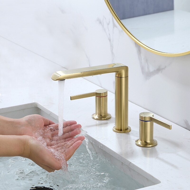 Brushed Gold Bathroom Widespread Basin Faucets Soild Brass Sink Mixer Hot & Cold Lavatory Crane