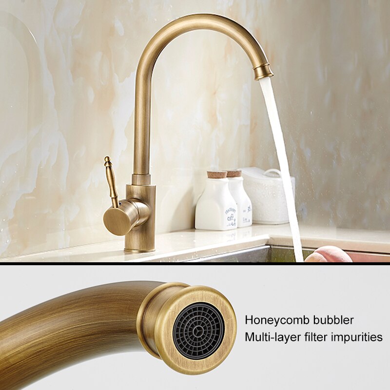 Antique Bronze Kitchen Faucet Hot Cold Water Mixer Crane Deck Mounted Single Hole Sink Tap 360