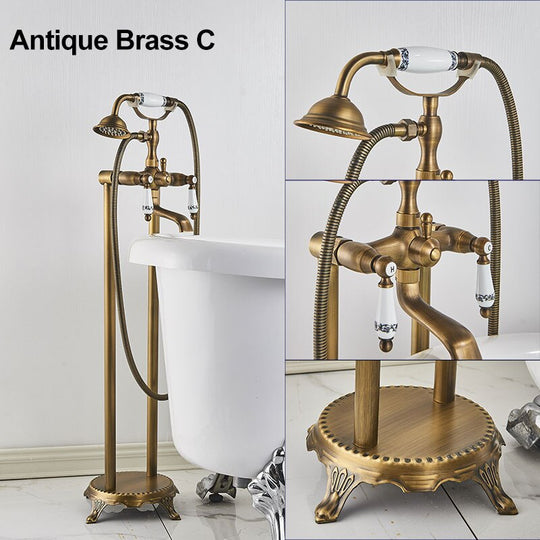 Gold Bathtub Shower Faucet Deck Mount Dual Tube Hot Cold Mixer Systems With Rainfall Handheld Floor