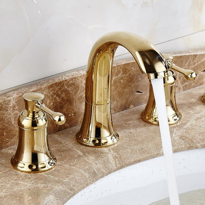 Bathroom Gold Lavatory Widespread Faucet Hot And Cold Three Holes Sink Mixer 8 Inch Sink Gold