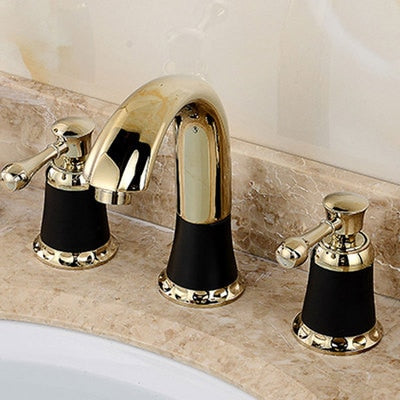 Bathroom Gold Lavatory Widespread Faucet Hot And Cold Three Holes Sink Mixer 8 Inch Sink Gold