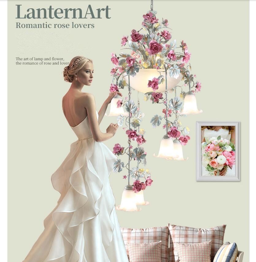 Floral Art Deco Chandelier Lamp - Pink Rose Flower Lustre Light Fixture For Decoration Pendant