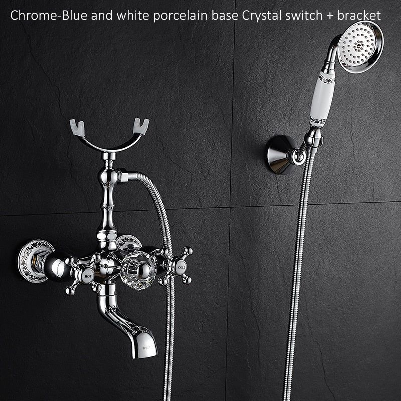 Luxury Crystal Handle Bathtub Gold Brass Faucet With Hand Shower Telephone Type Bath Faucets Sets