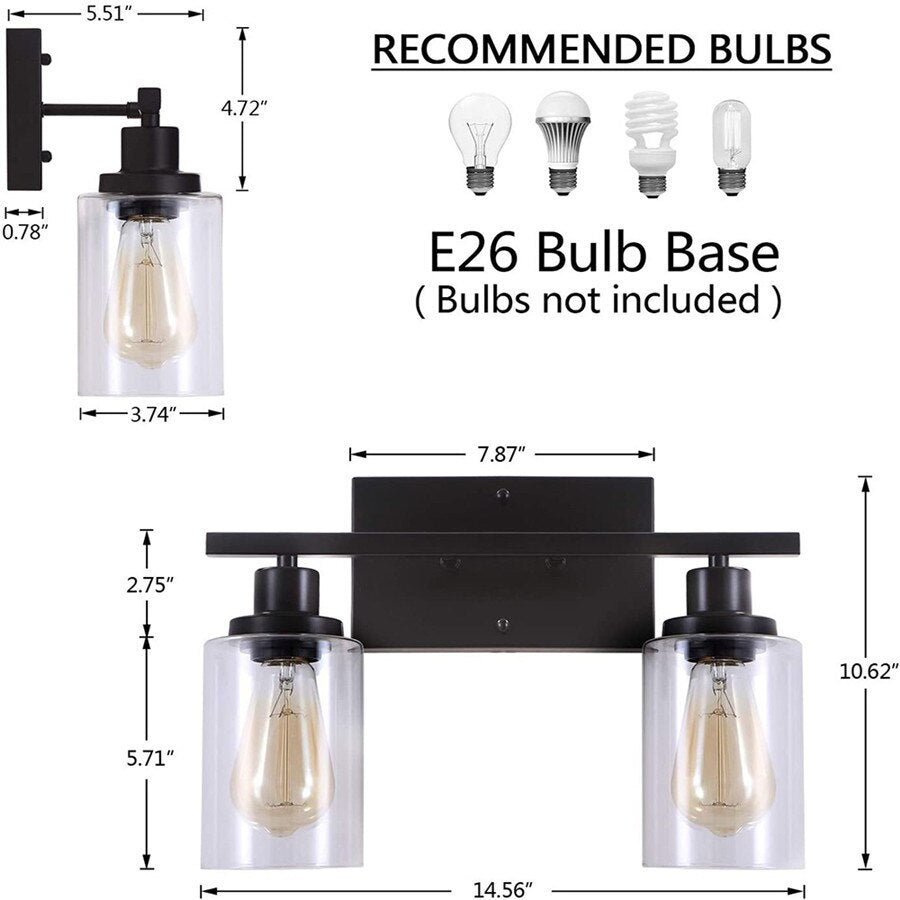 2 - Light Bathroom Vanity Light Fixtures Vintage Industrial Metal Glass Sconces Matte Black Wall