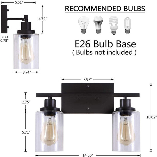 2 - Light Bathroom Vanity Light Fixtures Vintage Industrial Metal Glass Sconces Matte Black Wall