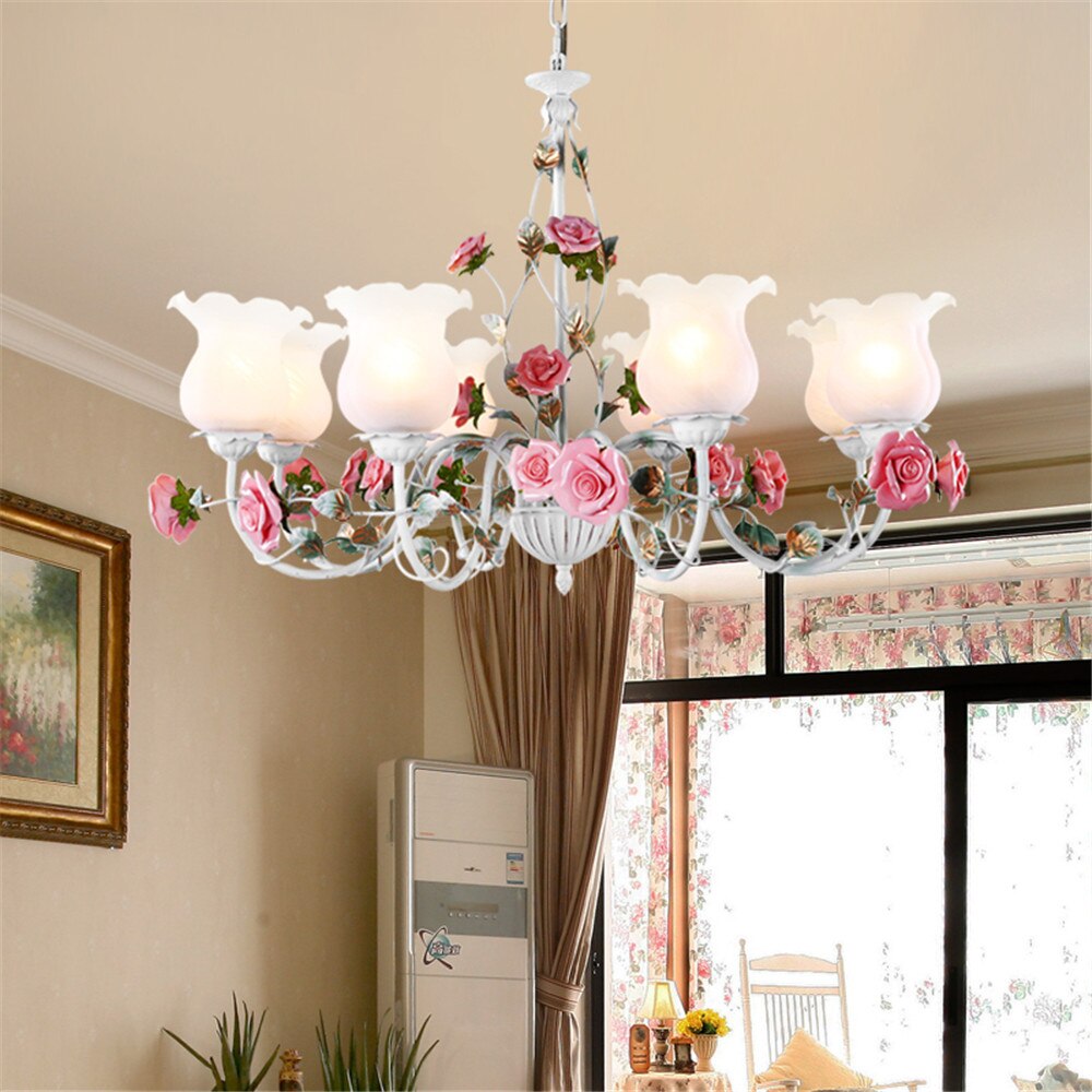 Floral E27 Led Chandelier White Flower Iron Alloy Chandeliers Dining Living Room Rose Lights Lamp