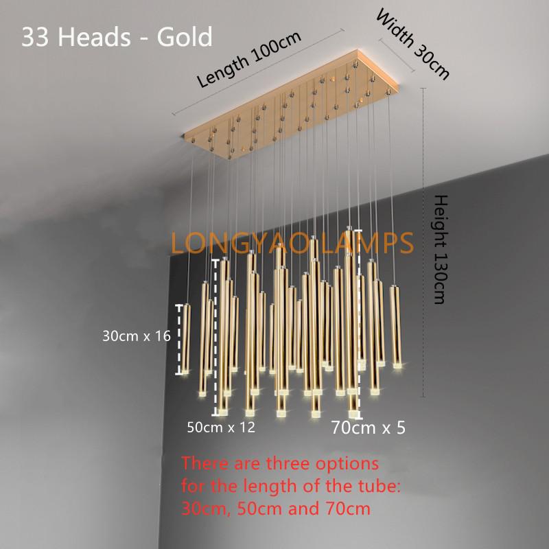 Modern Gold/Black Led Chandelier Ceiling Long Tube Combination Staircase Lighting Living Room