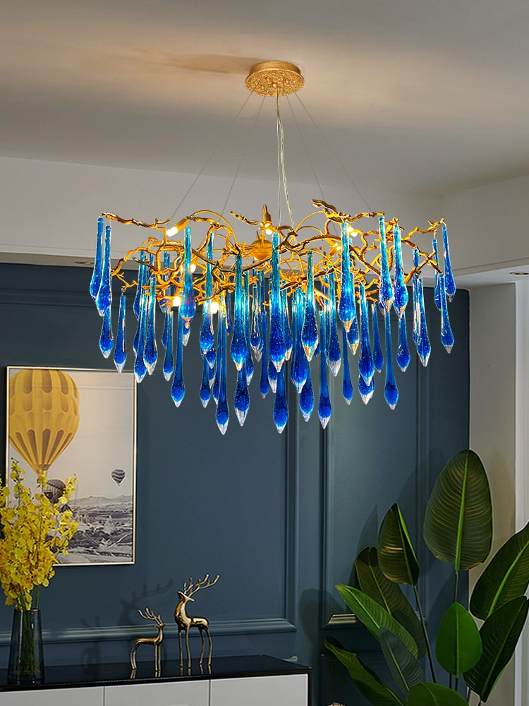 Artistic Blue Crystal Bedroom And Dining Room Light - All Copper Twigs Design Chandelier