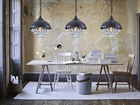Retro Bar Coffee Restaurant Led Simple Wrought Iron Lid Crystal Lamp Chandelier Pendant