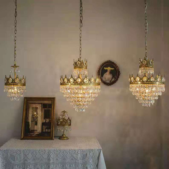 French Retro All Copper Crown Crystal Chandelier Living Room Dining Cloakroom Pendant