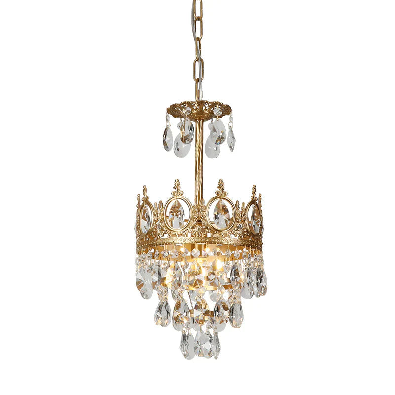 French Retro All Copper Crown Crystal Chandelier Living Room Dining Cloakroom Pendant