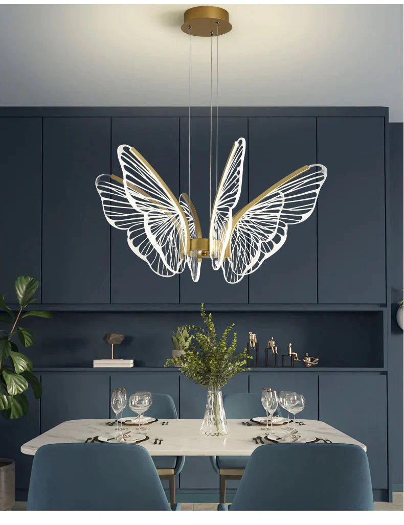 Led Iron Butterfly Three Color Dimming Glass Chandelier Pendant