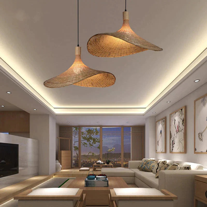 Bamboo Chandelier Rattan Straw Hat Lamp Stair Pendant