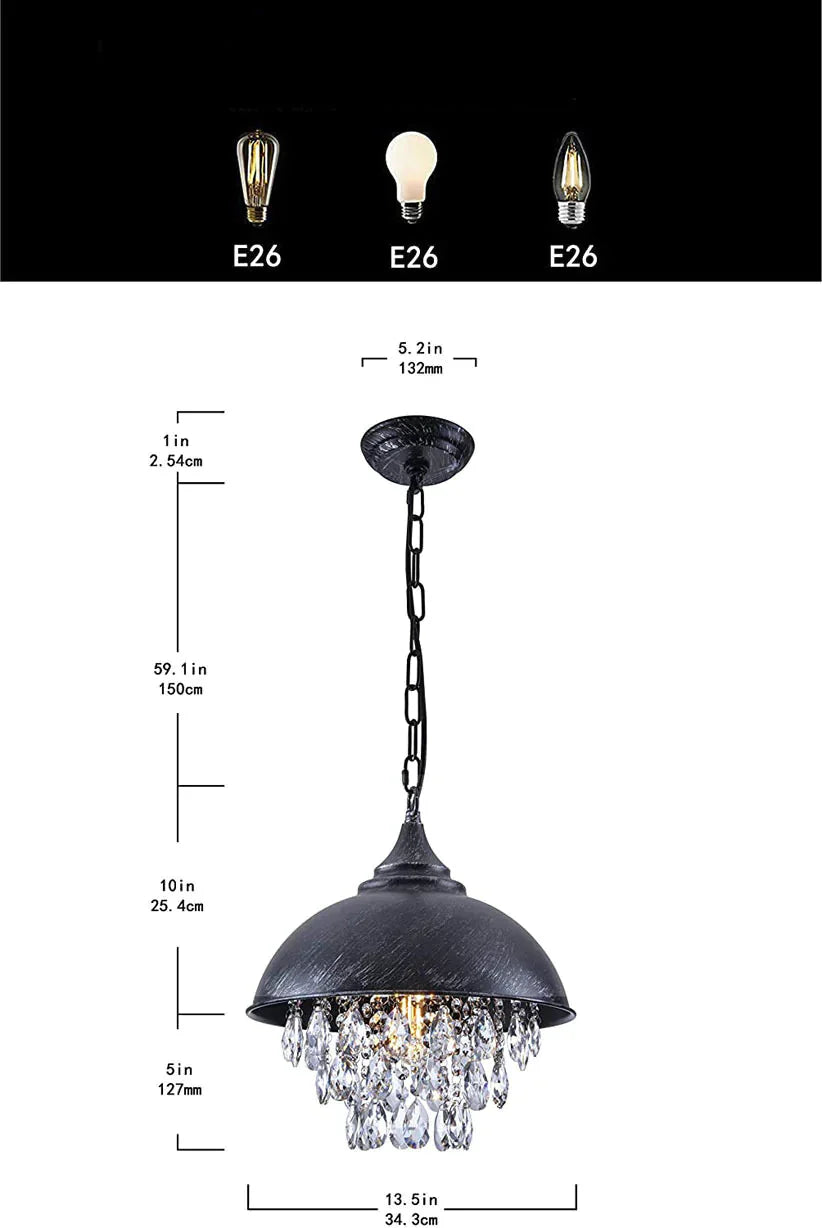 Retro Bar Coffee Restaurant Led Simple Wrought Iron Lid Crystal Lamp Chandelier Pendant