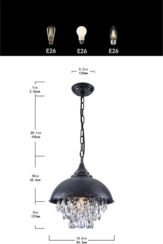 Retro Bar Coffee Restaurant Led Simple Wrought Iron Lid Crystal Lamp Chandelier Pendant