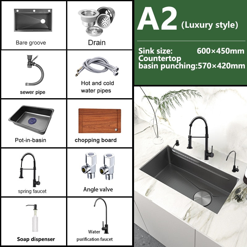 Stainless Steel Embossed Kitchen Sink Large Single Slot Washbasin Multifunctional Washing Basin