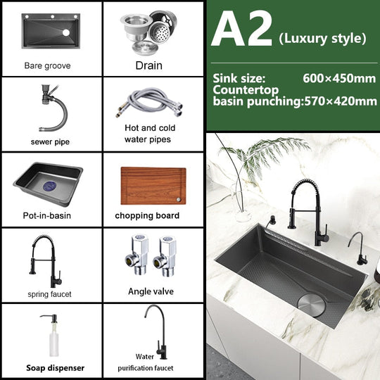 Stainless Steel Embossed Kitchen Sink Large Single Slot Washbasin Multifunctional Washing Basin