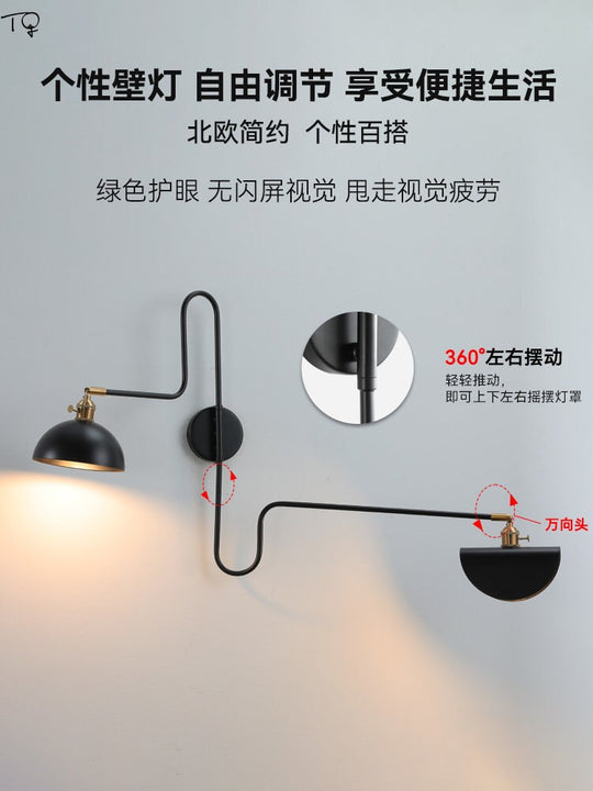 Designer Industrial Long Pole Wall Lamp With Switch Gold/Black Swing Arm Led Sconces Sofa